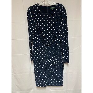 Ralph Lauren Navy and White Polka Dot Faux Wrap Front. Knee Length Size 14 NWT